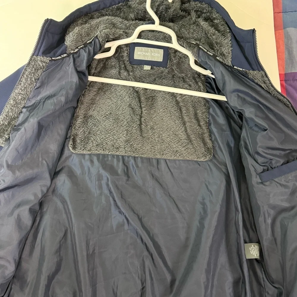 Michael Kors Men XL tall Blue soft shell full zip hooded arm logo Jacket coat